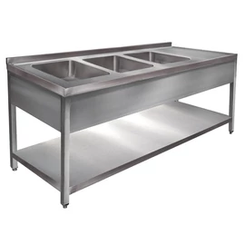 1900mm 3 medencés nagykonyhai mosogató jobb oldali csepegtetővel, 500x400x250mm medencékkel, lábra állítva, takaróköpennyel, polccal, r.m. acél