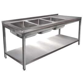 1900mm 3 medencés nagykonyhai mosogató jobb oldali csepegtetővel, 500x400x250mm medencékkel, lábra állítva, polccal, r.m. acél