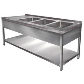 1900mm 3 medencés nagykonyhai mosogató bal oldali csepegtetővel, 500x400x250mm medencékkel, lábra állítva, takaróköpennyel, polccal, r.m. acél