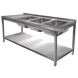 1900mm 3 medencés nagykonyhai mosogató bal oldali csepegtetővel, 500x400x250mm medencékkel, lábra állítva, polccal, r.m. acél