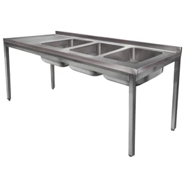 1900mm 3 medencés nagykonyhai mosogató bal oldali csepegtetővel, 500x400x250mm medencékkel, lábra állítva, r.m. acél