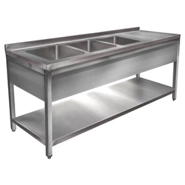 2400mm 3 medencés nagykonyhai mosogató jobb oldali csepegtetővel, 500x500x300mm medencékkel, lábra állítva, takaróköpennyel, polccal, r.m. acél