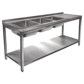 2400mm 3 medencés nagykonyhai mosogató jobb oldali csepegtetővel, 500x500x300mm medencékkel, lábra állítva, polccal, r.m. acél
