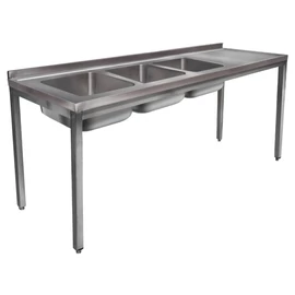 2400mm 3 medencés nagykonyhai mosogató jobb oldali csepegtetővel, 500x500x300mm medencékkel, lábra állítva, r.m. acél