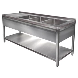 2400mm 3 medencés nagykonyhai mosogató bal oldali csepegtetővel, 500x500x300mm medencékkel, lábra állítva, takaróköpennyel, polccal, r.m. acél