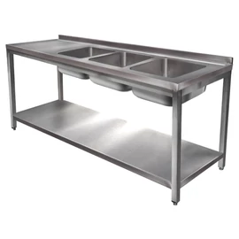 2400mm 3 medencés nagykonyhai mosogató bal oldali csepegtetővel, 500x500x300mm medencékkel, lábra állítva, polccal, r.m. acél