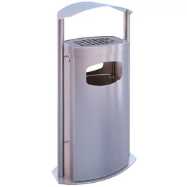 Álló vandálbiztos kültéri hamuzó 3L sík perforált hamutartóval, 40L hulladékgyűjtő zsáktartóval, fedeles, hengeres, r.m. acél, selyem