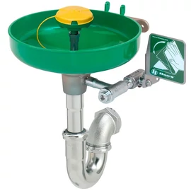 Fali sürgősségi szemmosó és arcmosó AXION öblítőfejjel, zöld ABS tál, porvédő kupak, sárgaréz szifon