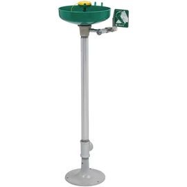 Szabadon álló sürgősségi szemmosó és arcmosó egység AXION öblítőfejjel, tolókaros működtetéssel, ABS tál, galvanizált acél test, öntöttvas talapzat, zöld-szürke