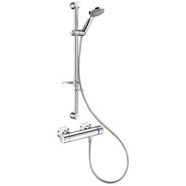 DELABIE SECURITHERM Securitouch falon kívüli termosztatikus zuhanycsaptelep KIT forrázásgátlós és szigetelt burkolatú keverővel, kézizuhannyal és zuhanytartó rúddal, szappantartóval, visszacsapószelepek nélküli kialakítással