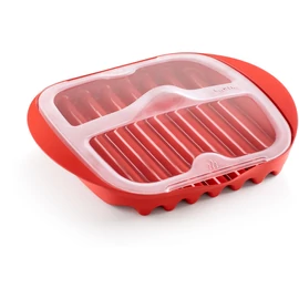 Lékué Microwave Bacon Cooker baconsütő tálca mikrohullámú sütőbe, 6 szelet baconhoz, zsiradékelvezető bordák, műanyag, piros - 881725