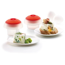 Lékué Microwave Ovo Egg Cooker set of 2 szilikon tojásfőző forma szett mikrohullámú sütőbe, 2db-os, 1db tojáshoz - 0,1L kapacitás, négyzetes forma, áttetsző test, piros fedő - 882883