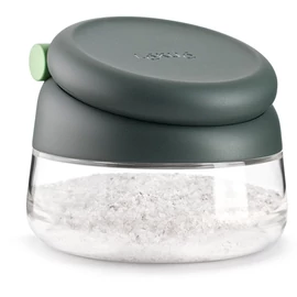 Lékué Salt Cellar sótartó extra nagy nyílással, mérőkanállal, légmentesen záródó, felhajtható műanyag fedéllel, boroszilikát üveg tartály, szürke fedél - 883323