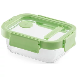Lékué Glass Container Rectangular hőálló üveg ételtároló doboz szivárgásmentes és gőzszelepes üvegfedővel, téglalap, 370ml, dátumjelölő, halmozható, áttetsző/zöld - 883866