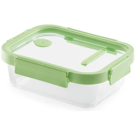Lékué Glass Container Rectangular hőálló üveg ételtároló doboz szivárgásmentes és gőzszelepes üvegfedővel, téglalap, 640ml, dátumjelölő, halmozható, áttetsző/zöld - 883880