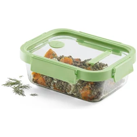 Lékué Glass Container Rectangular hőálló üveg ételtároló doboz szivárgásmentes és gőzszelepes üvegfedővel, téglalap, 1050ml, dátumjelölő, halmozható, áttetsző/zöld - 883903