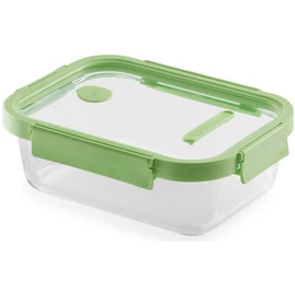 Lékué Glass Container Rectangular hőálló üveg ételtároló doboz szivárgásmentes és gőzszelepes üvegfedővel, téglalap, 1520ml, dátumjelölő, halmozható, áttetsző/zöld - 883927