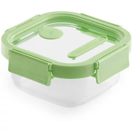 Lékué Glass Container Square hőálló üveg ételtároló doboz szivárgásmentes és gőzszelepes üvegfedővel, négyzetes, 520ml, dátumjelölő, halmozható, áttetsző/zöld - 883989