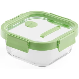Lékué Glass Container Square hőálló üveg ételtároló doboz szivárgásmentes és gőzszelepes üvegfedővel, négyzetes, 800ml, dátumjelölő, halmozható, áttetsző/zöld - 884009