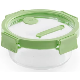 Lékué Glass Container Round hőálló üveg ételtároló doboz szivárgásmentes és gőzszelepes üvegfedővel, kerek, 650ml, dátumjelölő, halmozható, áttetsző/zöld - 884061