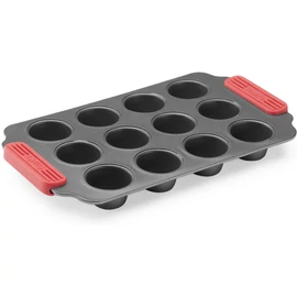 Lékué Non-Stick Mini Muffins Mould tapadásmentes mini muffin sütőforma, 12db muffinhoz, acél, szilikon piros fogantyúk, szürke - 887406
