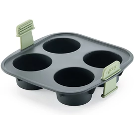 Lékué Air Fryer Muffins Mould 4db-os szilikon muffin sütőforma 5L+ Air Fryer forrólevegős sütőbe, 200x61x195mm, sötétszürke test, zöld szilikon fogantyú - 890246