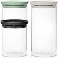   Brabantia üvegedény készlet, 3db-os, 0,3L/0,6L/1,1L, egymásra rakható, légmentes záródás, kerek, világosszürke, sötétszürke, jáde zöld fedők, átlátszó üveg tartály - 100550