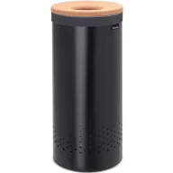   Brabantia Laundry Bin szennyestartó szellőző nyílásokkal, tépőzáras, mosható szennyesgyűjtő zsák, henger forma, közepes méret 35L, parafa fedő, acél, matt fekete - 120008