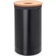   Brabantia Laundry Bin szennyestartó szellőző nyílásokkal, tépőzáras, mosható szennyesgyűjtő zsák, henger forma, nagy méret 60L, parafa fedő, acél, matt fekete - 120022