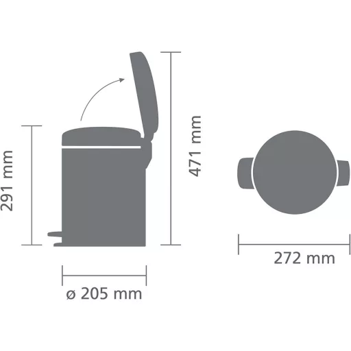 Méretezett ábra a 200489 Brabantia kukához.
