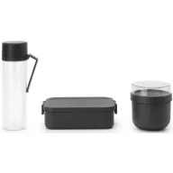   Brabantia Make & Take Breakfast and Lunch Set 3db-os szett, vizes palack + reggeliző tál + közepes méretű ételhordozó doboz, BPA mentes műanyag, sötétszürke - 206740