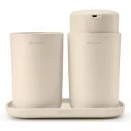   Brabantia ReNew 3db-os fürdőszobai pipere csomag - pumpás folyékonyszappan adagoló, fogkefetartó, pipere tálca, műanyag, világos bézs - 223402