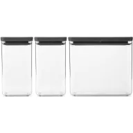  Brabantia tárolóedény készlet, 3db-os, 2x1,6L/1x3,5L, egymásra rakható, légmentes záródás, szögletes, sötétszürke, átlátszó műanyag tartály - 230707