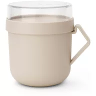   Brabantia Make & Take Soup Mug leveses bögre, 600 ml, hőálló fogantyú, beépített gőzkieresztő szelep, felső tárolórekesz, szivárgás- és légmentes záródás, BPA mentes műanyag, világos bézs - 241468