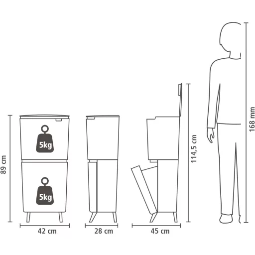 Brabantia SortUp Recycle Bin Hi 2 szintes szelektív hulladékgyűjtő torony lábakon, felhajtható fedéllel, 10+10+25L- J méret, műanyag, sötétszürke - 275043
