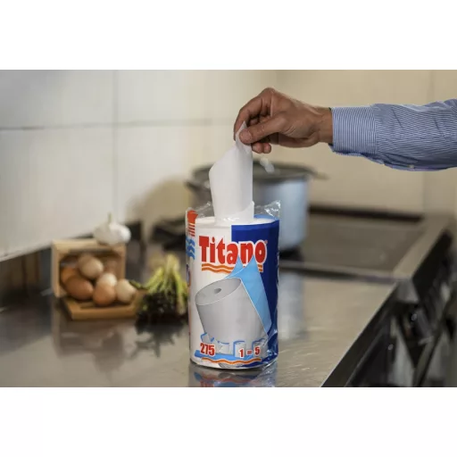 TITANO konyhai papírtörlő jó nedvszívó hatással, nem szöszöl, 2 rétegű, 100% cellulóz, hófehér, 66m/tekercs, 12tekercs/zsugor