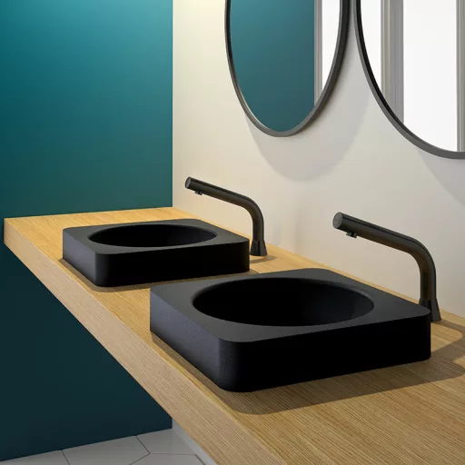Delabie Quadra félig süllyesztett rozsdamentes acél kézmosókagyló matt fekete teflon bevonattal, elegáns és modern design-nal.