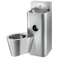   DELABIE kompakt fali börtön szaniter - blokkolásgátlós csappal szerelt vandálbiztos kézmosó, direkt öblítésű balos függő WC-vel, r.m. acél, 2 mm