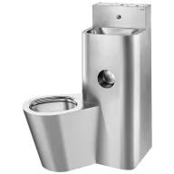   DELABIE kompakt fali börtön szaniter - blokkolásgátlós csappal szerelt vandálbiztos kézmosó, öblítőtartályos balos álló WC-vel, r.m. acél, 2 mm