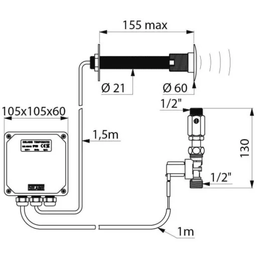 DELABIE TEMPOMATIC infra piszoár öblítőszelep szervizfolyosós szereléshez, max 155mm falig, hálózati