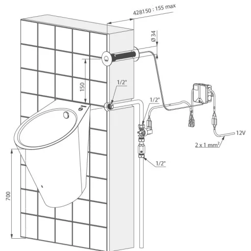 DELABIE TEMPOMATIC infra piszoár öblítőszelep szervizfolyosós szereléshez, max 155mm falig, hálózati