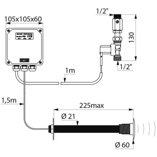 DELABIE TEMPOMATIC infra piszoár öblítőszelep szervizfolyosós szereléshez, max 225mm falig, hálózati