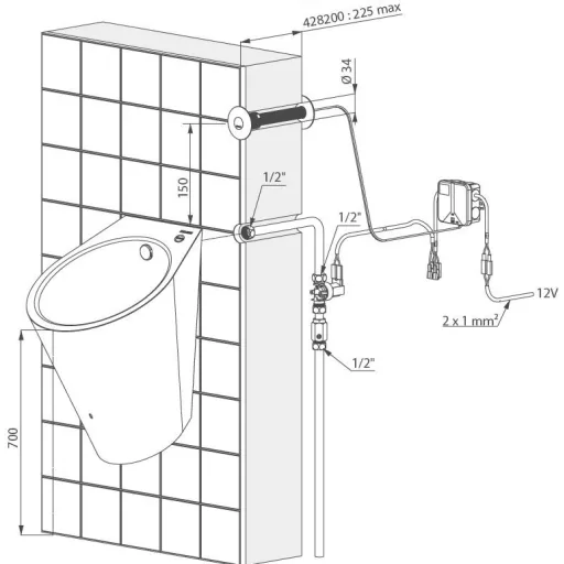 DELABIE TEMPOMATIC infra piszoár öblítőszelep szervizfolyosós szereléshez, max 225mm falig, hálózati