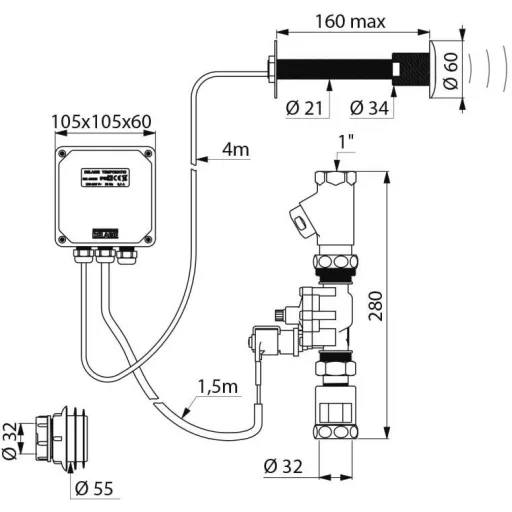 DELABIE TEMPOMATIC infra vezérlésű WC öblítőszelep szervizfolyosós szereléshez, max 160 mm falra, hálózati