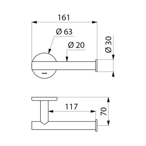 Méretezett ábra a fekete egytekercses DELABIE WC-papírtartóhoz 510083BK.