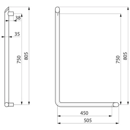 DELABIE Be-Line exkluzív 90°-os L-alakú kapaszkodó, D=35mm alumínium, matt fehér, 450x750mm