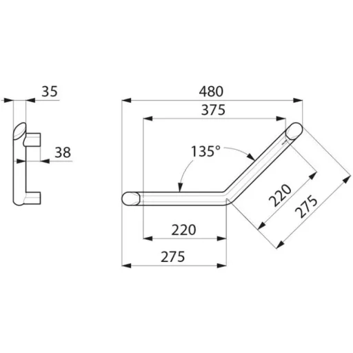 DELABIE Be-Line exkluzív 135°-ban hajlított kapaszkodó, D=35mm alumínium, 220x220mm, matt fehér