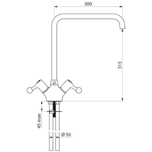 DELABIE nagy vízátfolyású mosogató csaptelep, 300 mm hosszú, 315 mm magas lengő kifolyóval, álló, 100 liter/perc