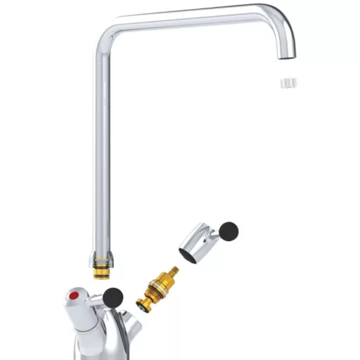 DELABIE nagy vízátfolyású mosogató csaptelep, 300 mm hosszú, 315 mm magas lengő kifolyóval, álló, 100 liter/perc