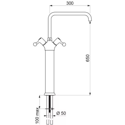 DELABIE nagy vízátfolyású, magasított mosogató csaptelep oszlop, 300 mm hosszú, 650 mm magas lengő kifolyóval, álló, 100 liter/perc